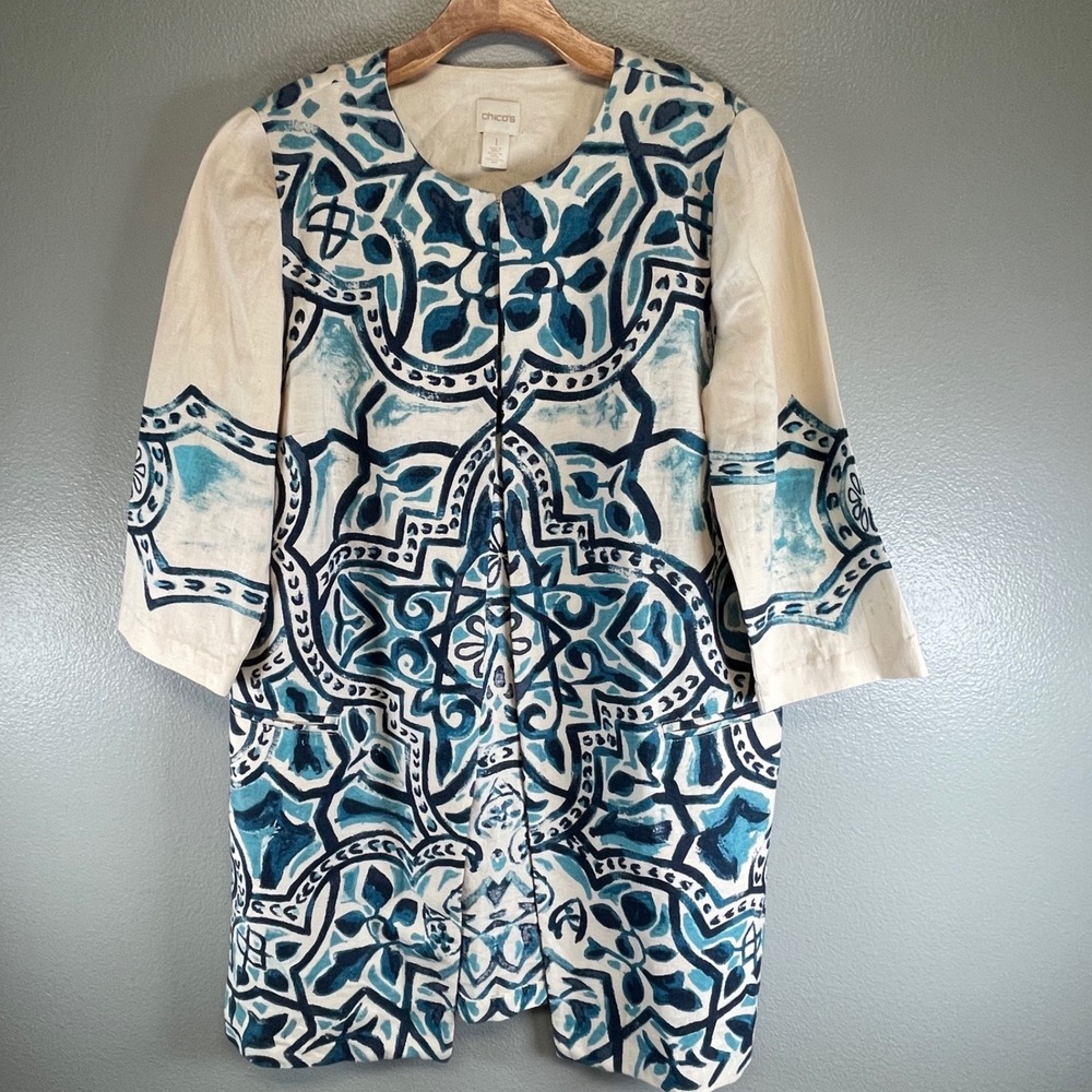 Chico's Women's artisan Printed Linen Jacket Size 1 US Size M/8‎ Cream & Blue